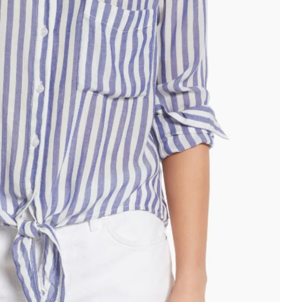Rails Val Tie Front Stripe Shirt Cropped Blouse Blue White Top M Coastal Grandma - Picture 5 of 10